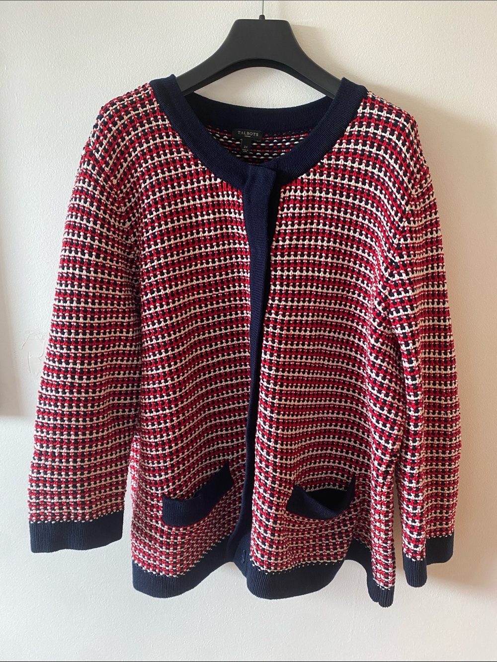 Talbots Red and Navy Textured Knit Cardigan 2x